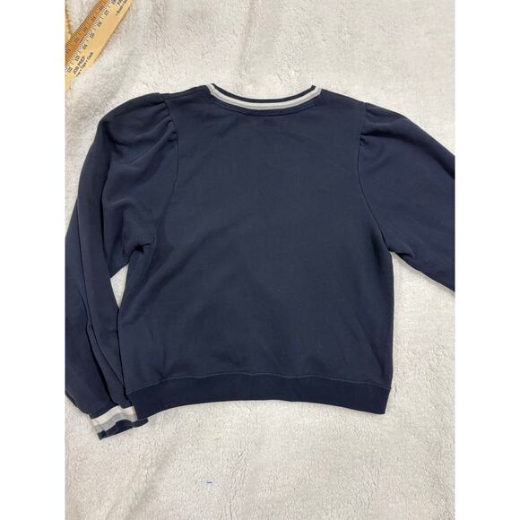A&F Women’s Navy Crew Sweatshirt XL Puff Sleeve Cuff Stripe Trim Preppy Casual - Picture 8 of 9